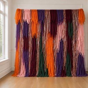 May include: A decorative backdrop curtain featuring vertical strips of tulle and metallic fringe in a color palette of orange, purple, burgundy, dark green, and light pink, suspended from a rod to create a layered, textured wall covering.