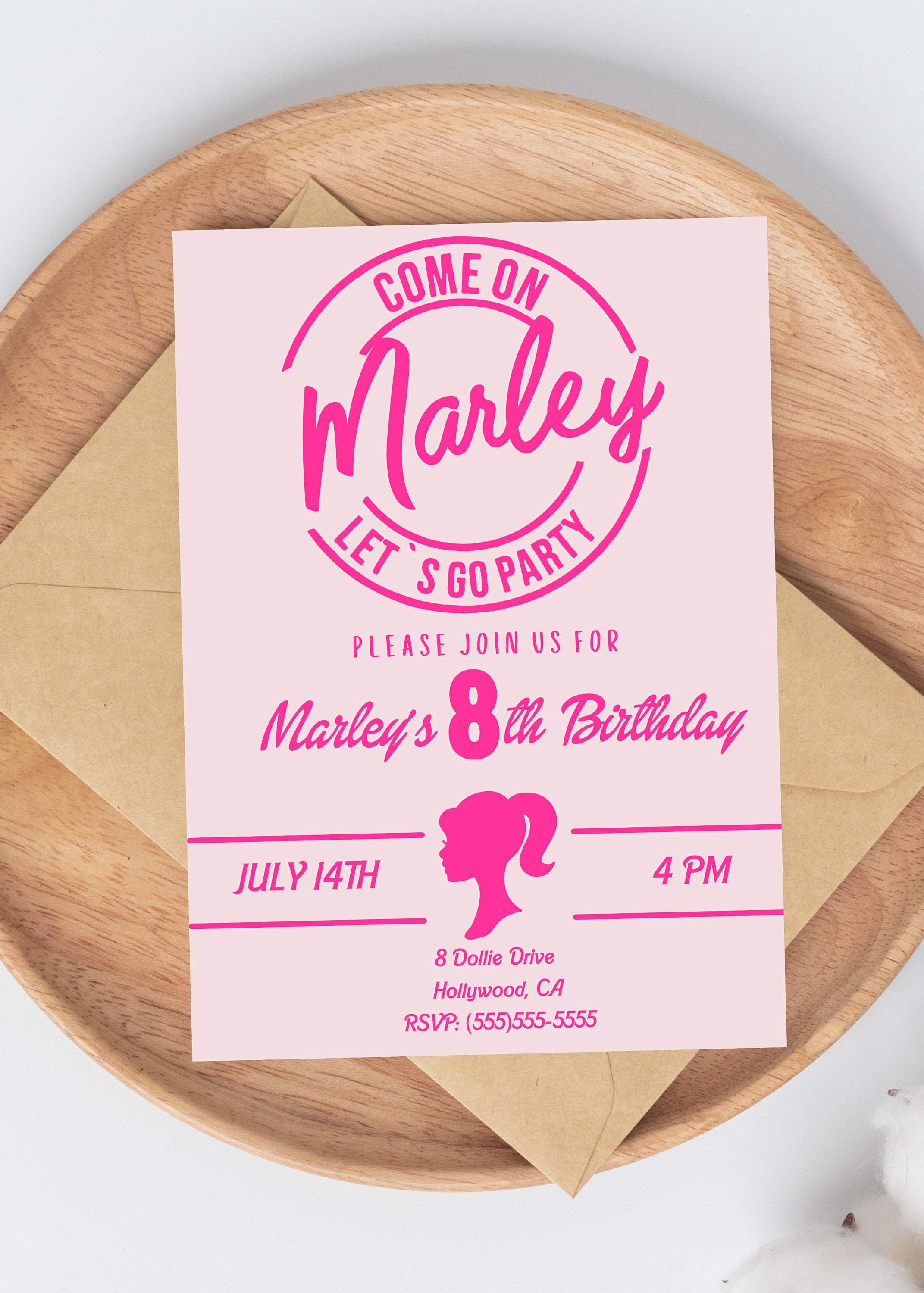 Doll Party Invitation, Doll Birthday Party, Hot Pink Birthday Party Invitation, Pink Doll Birthday Invitation, Malibu Doll Invitation