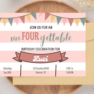 Invitación de cumpleaños inolvidable, invitación para el cuarto cumpleaños de niñas, invitación imprimible para el cuarto cumpleaños