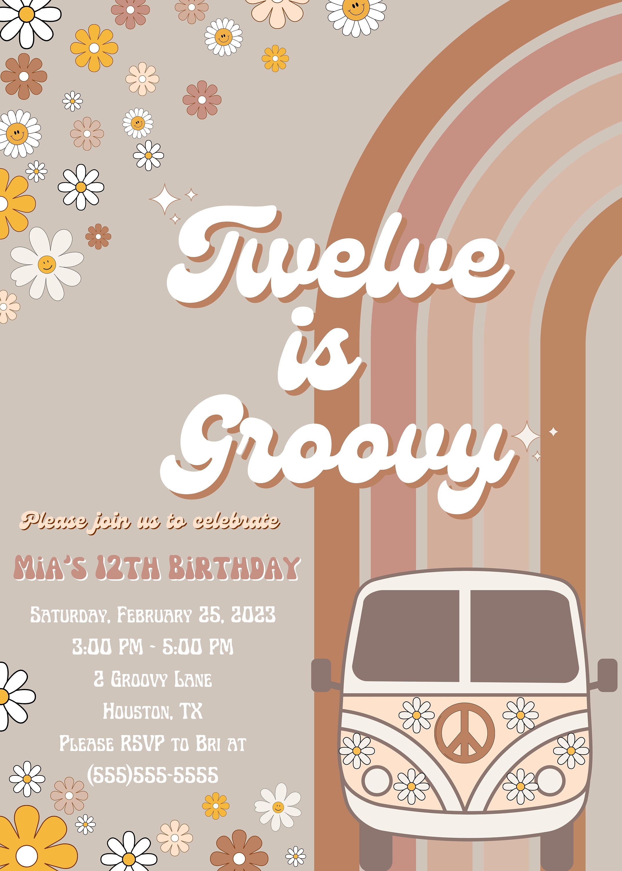 Groovy Birthday Invitation, Twelve is Groovy Invitation, Retro Hippie ...