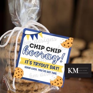 Op de afbeelding: Een blauw en geel cadeau-etiket met de tekst "CHIP CHIP hooray! It's tryout day! Good luck. You've got this." en een afbeelding van een chocolade chip cookie. Het etiket is vastgemaakt aan een doorzichtige plastic zak gevuld met chocolade chip cookies.