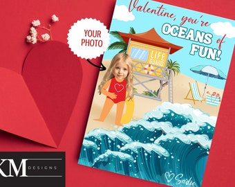 Beach Valentine, Ocean Valentine, Custom Photo Valentine, Lifeguard Valentine, Printable School Valentines, Personalized Valentines, Girls