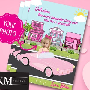 Kundenspezifische Foto-Valentinsgrüße, Schulvalentine für Mädchen, druckbare Valentinstagskarten, Karikatur-Valentinsgrüße, rosafarbene Puppen-Valentinsgrüße,