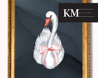 ピンクのリボンが付いた美しい白鳥の絵画またはキャンバス