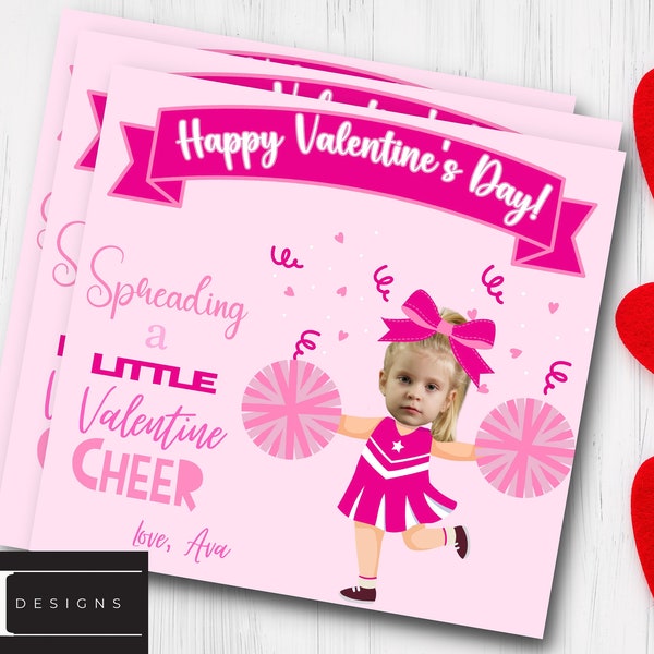 Custom Photo Cheerleader Valentines, Child's Valentine, Printable Valentine, School Valentines You Print, Custom Valentines, Girl Valentine