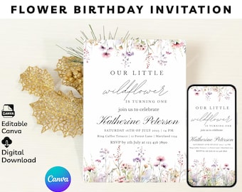 May include: Editable floral birthday invitation template for Canva. The invitation features a watercolor floral design with the text "Our Little Wildflower is Turning One" and "Katherine Peterson".