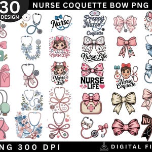 Può includere: Un set di design digitale con 30 grafiche a tema infermieristico. La collezione include stetoscopi, fiocchi ed elementi testuali come "Nurse Life" e "Nurse Coquette". I design sono in vari colori, tra cui rosa, blu e nero.