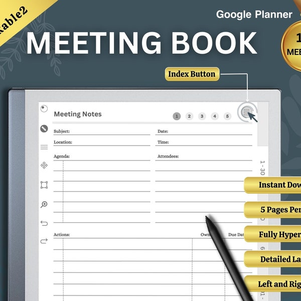 Minimalist Remarkable 2 Templates Meeting Notes 2024-2025, Remarkable 2 Business Planning Template,Digital Meeting Notebook, Detailed Layout