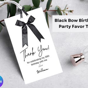 Etiqueta para lembrancinha de festa de aniversário com laço preto, etiquetas para presente de aniversário, modelo Canva, etiqueta para lembrancinha de agradecimento, download digital