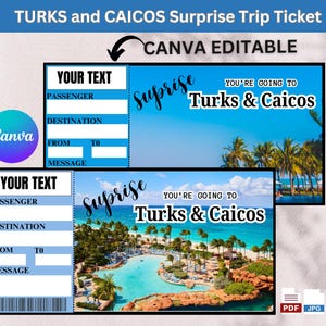 May include: Editable printable surprise trip ticket with a blue and white design. The ticket says "You're going to Turks & Caicos" and features a photo of a tropical beach with a pool. The ticket has fields for passenger, destination, from, to, and message.