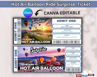 Könnte beinhalten: Zwei Überraschungstickets für eine Heißluftballonfahrt. Die Tickets zeigen eine farbenfrohe Heißluftballon-Szene mit dem Text "Surprise" und "You're going to Hot Air Balloon". Die Tickets sind Canva-editierbar.
