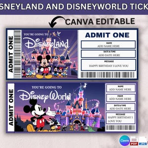 Pode incluir: Dois bilhetes Disneyland e Disney World editáveis no Canva. O bilhete da Disneyland apresenta Mickey Mouse em frente a um castelo. O bilhete da Disney World também apresenta Mickey Mouse. Ambos os bilhetes dizem "ADMIT ONE" e têm campos para personalização.