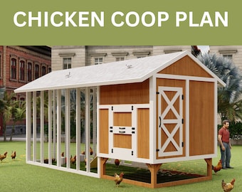 May include: A wooden chicken coop with a white gabled roof, white trim, and a wire mesh enclosure. The structure features a door with an X-pattern and a side access panel. The text CHICKEN COOP PLAN is displayed in white at the top of the image.