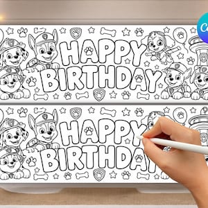 Pode incluir: Uma faixa para colorir em preto e branco com o texto HAPPY BIRTHDAY rodeado por ilustrações de cachorros, pegadas, ossos, estrelas, balões e uma torre de vigia. O design é apresentado em um layout horizontal repetido.