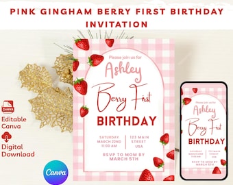 Pink Gingham Strawberry First Birthday Invitation (Digital Download)