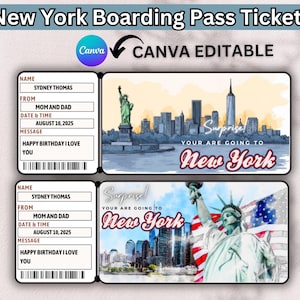 New York Trip Boarding Pass Ticket: Surprise Travel Gift (Canva Template, PDF Download)