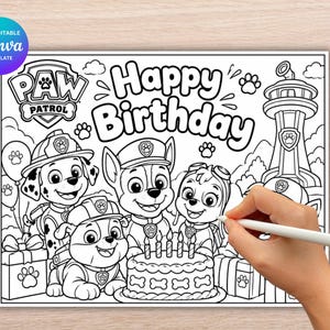 Puede incluir: Una página para colorear de Paw Patrol en blanco y negro con los personajes Marshall, Chase, Rubble y Skye, un pastel de cumpleaños, globos y la torre de control. El texto dice Paw Patrol y Happy Birthday. Se sostiene un lápiz óptico blanco.