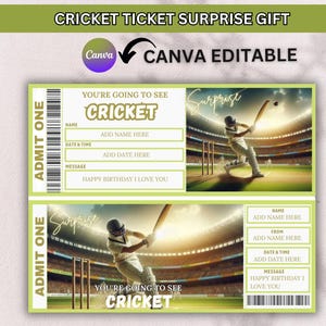 以下が含まれることがあります： 「CRICKET TICKET SURPRISE GIFT」と「CANVA EDITABLE」のテキストが入った、緑と白のクリケットチケットのデザインが2つ。各チケットには、クリケット選手のアクションとパーソナライズ用のフィールドが描かれています。