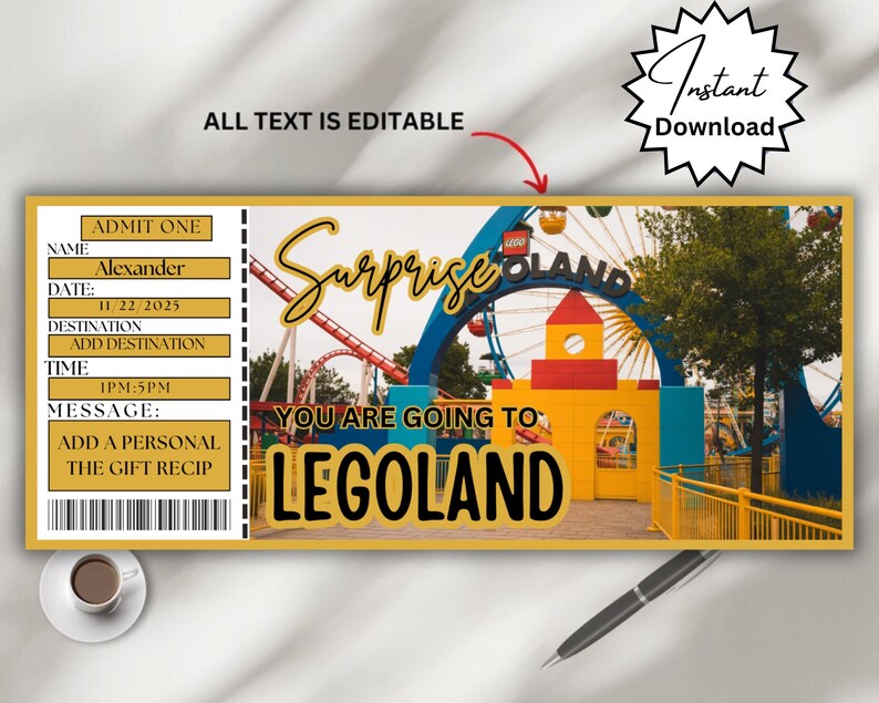 Editable Legoland Ticket Printable Theme Park Ticket Birthday