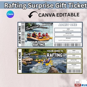 Pode incluir: Um bilhete de presente surpresa de rafting com o texto "Rafting Surprise Gift Ticket" e "CANVA EDITABLE". O bilhete apresenta imagens de rafting e inclui campos para adicionar um nome, data e uma mensagem.