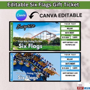 Könnte beinhalten: Zwei Six Flags Geschenkgutscheine mit Achterbahn-Bildern. Die Tickets haben editierbare Felder für Name, Ziel, Datum, Uhrzeit und eine Nachricht. Die Tickets sind mit "Surprise" und "Your Are Going To See Six Flags" beschriftet.