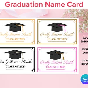 4 tarjetas de nombre de graduación editables, tarjetas de nombre de graduación imprimibles de la clase 2025, plantillas de tarjetas de nombre para graduados, tarjetas de la clase 2025