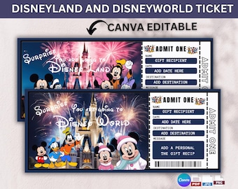 Disneyland and Disneyworld Ticket – editable printable theme park ticket | custom surprise trip gift PDF