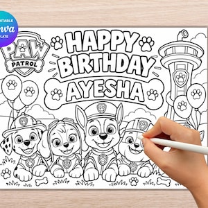 May include: A black and white Paw Patrol colouring page featuring the text HAPPY BIRTHDAY AYESHA, the Paw Patrol logo, the lookout tower, balloons with paw prints, and four puppy characters. The design includes bone shapes and grass outlines.