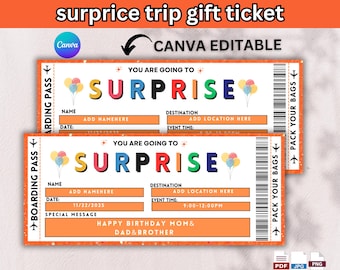 Surprise Trip Gift Ticket: Editable Vacation Reveal (PDF)