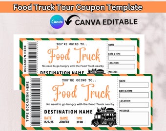 Modello di buono pasto per food truck. Buono regalo per food truck. Coupon per food truck. Buono pasto fuori. Modificabile per qualsiasi occasione.