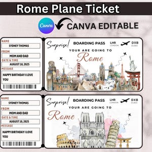 Rome Boarding Pass, You're Going To Italy, Rome Surprise Trip Reveal, Trip Ticket To Rome,  Vacation Rome Holiday Plane Ticket