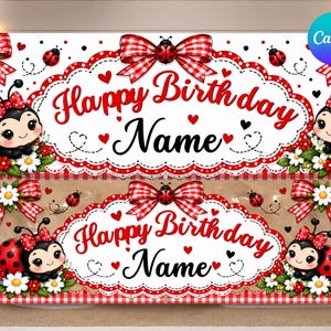 Könnte beinhalten: Zwei rechteckige Banner mit Marienkäfer-Motiv, rot-weiß karierten Schleifen, Gänseblümchen und gezeichneten Marienkäfern. Der Text lautet Happy Birthday Name in roter und schwarzer Schrift. Ein Banner hat einen weißen, das andere einen beigen Hintergrund.