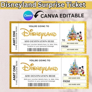 Può includere: Due biglietti a sorpresa per Disneyland con bordi e testo dorati. I biglietti recitano "YOU, RE GOING TO DISNEYLAND" e includono spazi per aggiungere la destinazione e i nomi. Un'immagine colorata dei personaggi Disney e di un castello è a destra.