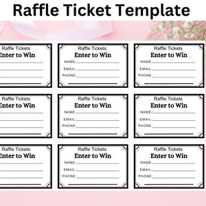 Puede incluir: Nueve boletos de rifa en blanco y negro con el texto "Raffle Tickets Enter to Win" y líneas para el nombre, el correo electrónico y el número de teléfono.