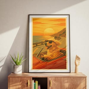 Golden retriever auto muurkunst - cadeaus voor hondenliefhebbers, digitale download en print, grappige muurposter, hond kunstprint, golden retriever rijden