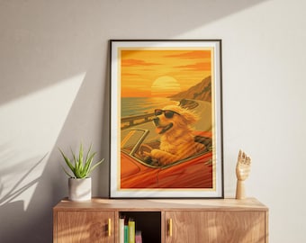 Art mural voiture Golden Retriever - cadeaux pour les amoureux des chiens, téléchargement numérique et impression, affiche murale drôle, impression d'art chien, Golden Retriever au volant