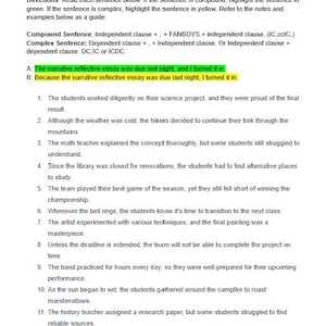 May include: A worksheet titled "Homework: Compound Vs. Complex Sentences" with instructions and examples. The text includes sentences highlighted in green and yellow, demonstrating compound and complex sentence structures for educational purposes.