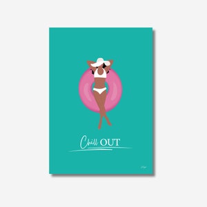 Affiche Chill Out - femme qui se détend sur une bouée rose dans une piscine