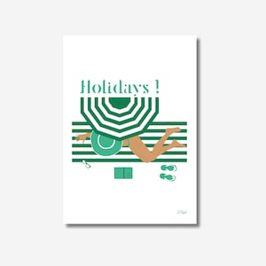 Affiche "Holidays", femme allongée sur sa serviette sur la plage sous le parasol