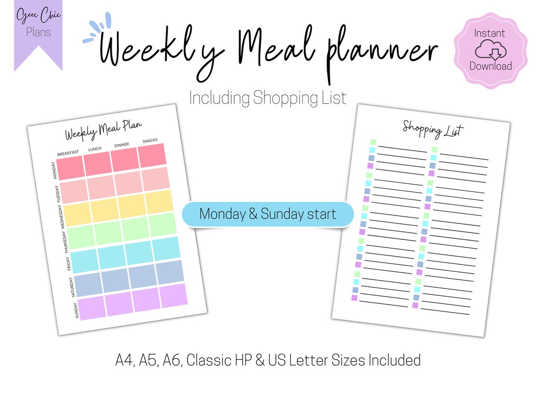 Weekly Meal Planner, Meal Planner, Planner Inserts, Happy Planner