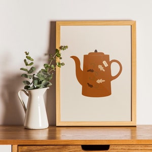 Minimalistisches Herbst-Teekannen-Poster, Herbst-Wandkunst, herbstliches Poster, Illustration für Teeliebhaber