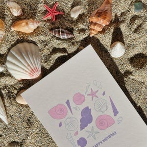 Carte de vœux d'anniversaire, motifs printanier, format A6, papeterie, coquillages, fleurs, cadeau, collection de printemps