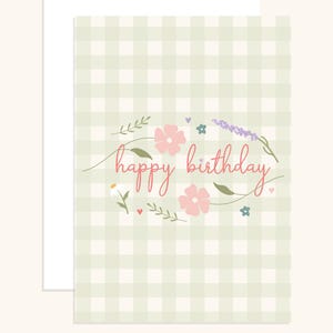Carte de vœux d'anniversaire, motifs printanier, format A6, papeterie, happy birthday, fleurs, cadeau, vichy, collection de printemps