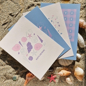 LOT DE 4 Cartes de vœux d'anniversaire, motifs printanier, format A6, papeterie, coquillages, fleurs, cadeau, collection de printemps