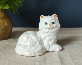 Retro White  Ceramic Cat Figurine / Ornament with Hand Painted Features - 1991