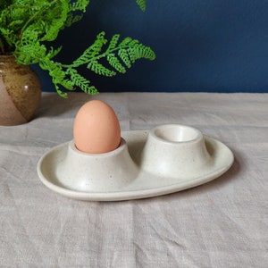 Vintage Beige Speckle Glaze Ceramic Double Egg Cup - Minimalistic / Scandi Style