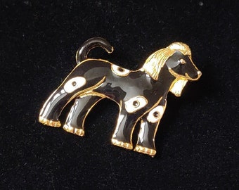 Broche peculiar vintage de cachorro esmaltado preto e dourado