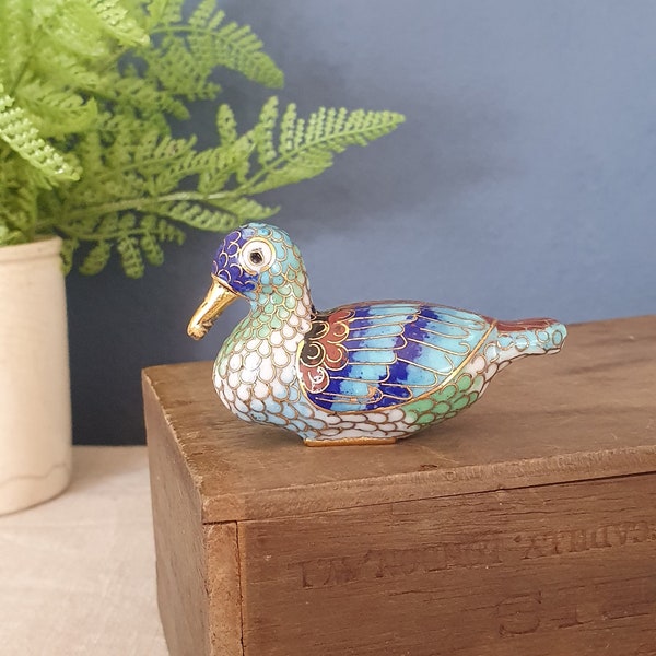 Small Vintage Brass and Colourful Enamel Cloisonne Duck Ornament / Figurine