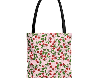 Strawberry Pattern Tote Bag | Pink Fruit Floral All-Over Print