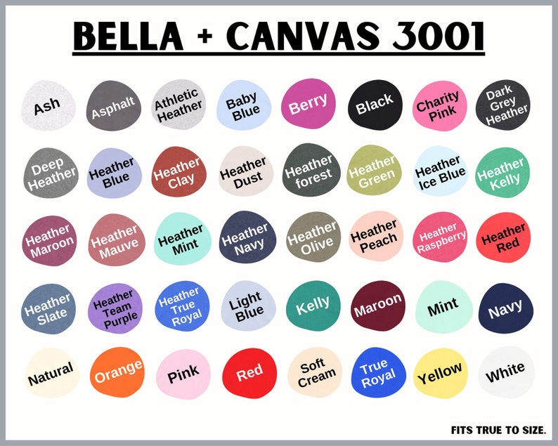May include: A colour chart for Bella + Canvas 3001 t-shirts, showcasing shades such as Ash, Black, and Heather Blue. Each colour is presented in a rounded shape with the colour name in white text. The text "FITS TRUE TO SIZE" is at the bottom.